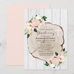 Rustic Woodland Blush Floral Christening Invitation