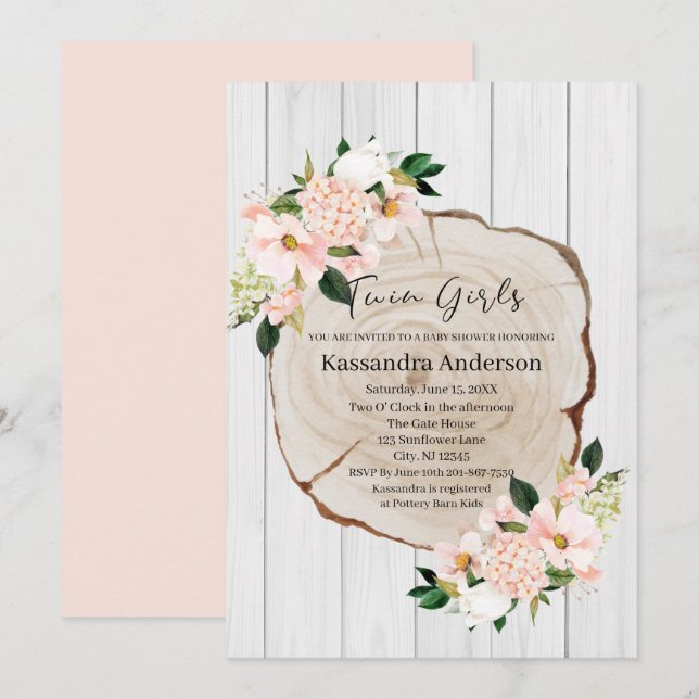 Rustic Woodland Blush Floral Twins Baby Shower Invitation (Front/Back)