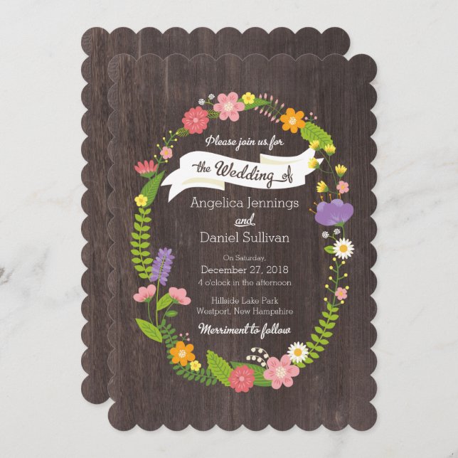 Rustic Woodland Bohemian Floral Wreath Wedding Invitation (Front/Back)