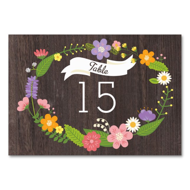 Rustic Woodland Bohemian Floral Wreath Wedding Table Number (Front)