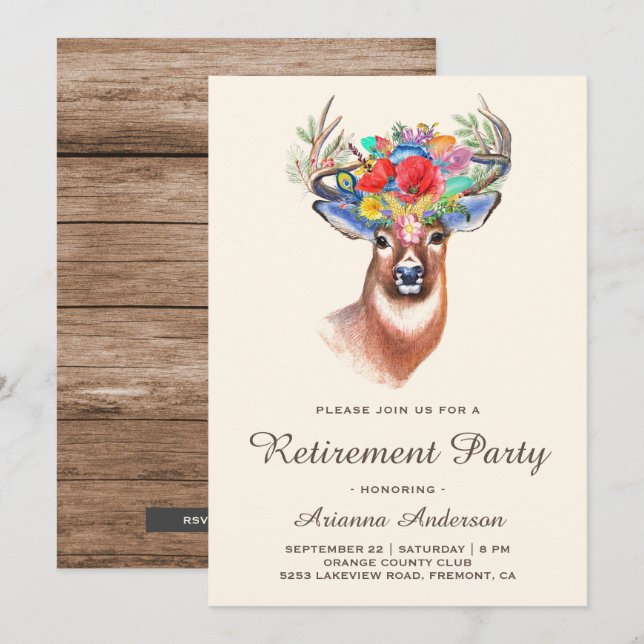 Rustic Woodland Boho Floral Deer Retirement Party Invitation (Front/Back)