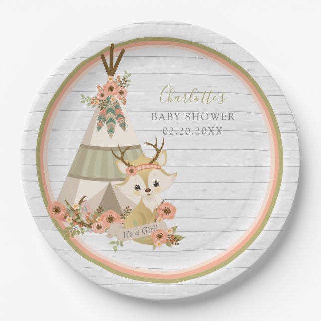 Rustic Woodland Boho Fox Baby Shower Paper Plate (Front)