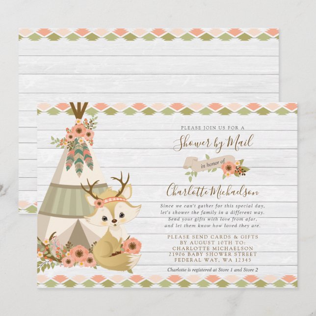 Rustic Woodland Boho Shower By Mail Invitation (Front/Back)