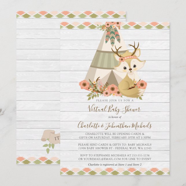 Rustic Woodland Boho Virtual Baby Shower Invitation (Front/Back)