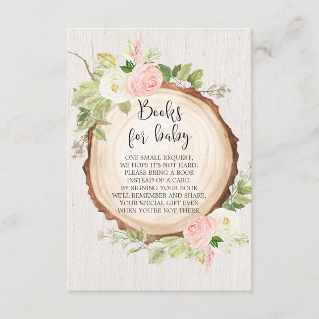 Rustic woodland book request girl baby shower enclosure card (Front)