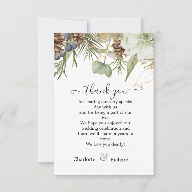 Rustic Woodland Botanical with Pinecones Wedding Thank You Card (Front)