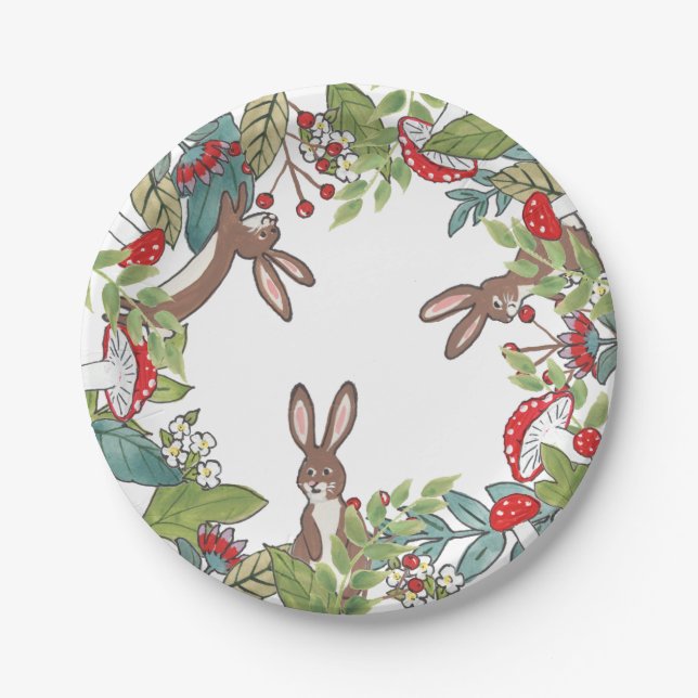 Rustic Woodland Bunny Rabbit Mushroom Berry Leaves Paper Plate (Front)