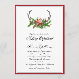 Rustic Woodland Cardinal and Antlers Wedding Invitation