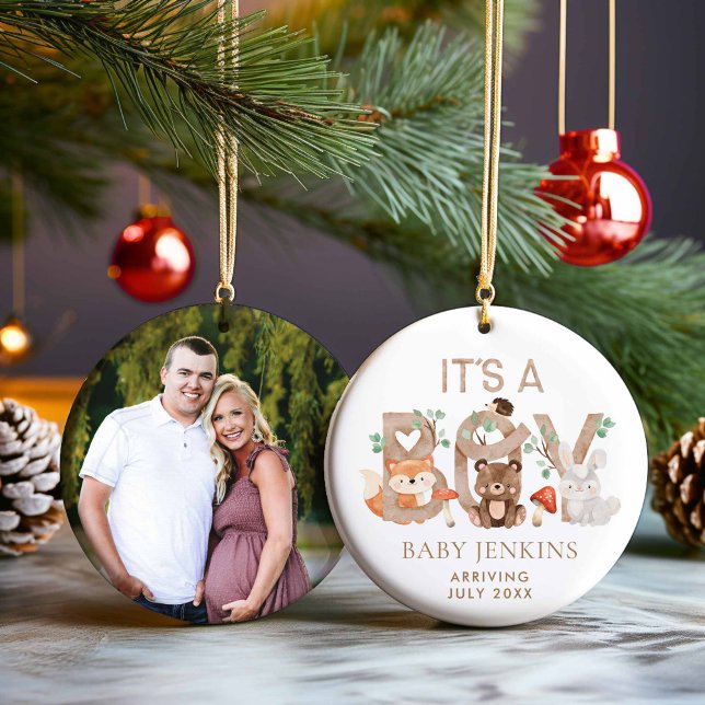 Rustic Woodland Christmas Baby Boy Announcement  Ceramic Tree Decoration (Rustic Woodland Boy Baby Announcement Christmas Ornament)