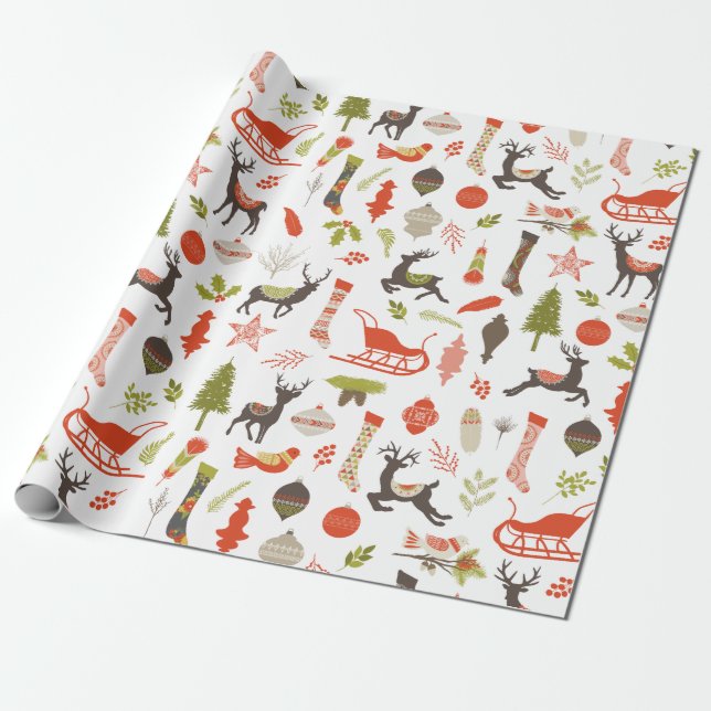 Rustic Woodland Christmas Deer and Nature Pattern Wrapping Paper (Unrolled)