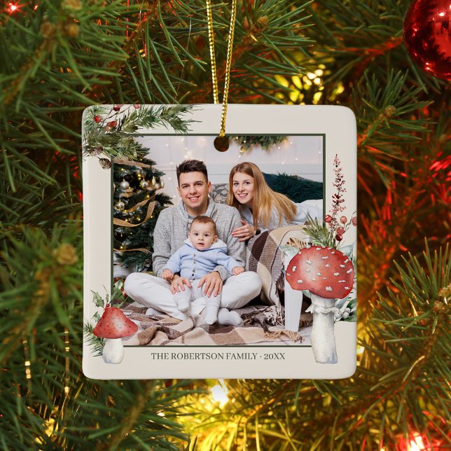 Rustic Woodland Christmas Mushrooms Photo Ceramic Ornament (Creator Uploaded)