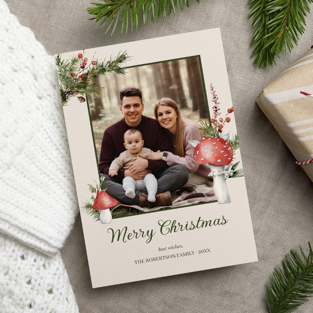 Rustic Woodland Christmas Mushrooms Photo Holiday Card (Creator Uploaded)