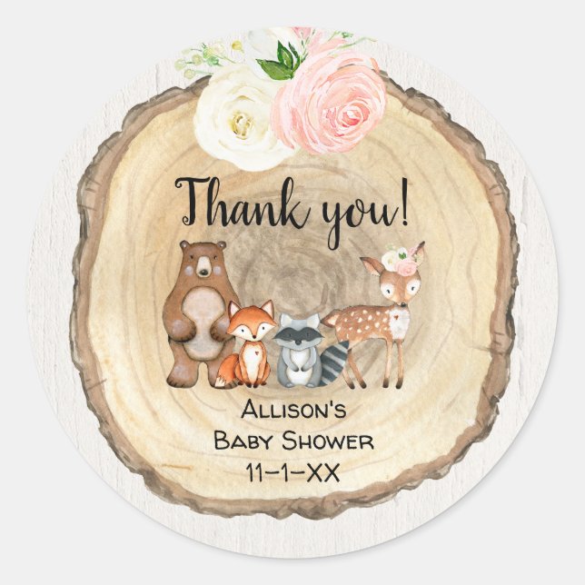Rustic woodland cute animals girl baby shower classic round sticker (Front)