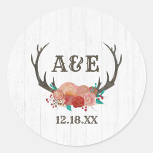 Rustic Woodland Deer Antler Boho Monogram Wedding Classic Round Sticker