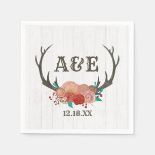 Rustic Woodland Deer Antler Boho Wedding Monogram Napkin
