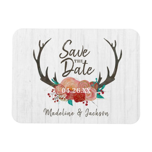 Rustic Woodland Deer Antler Bouquet Save the Date Magnet (Horizontal)