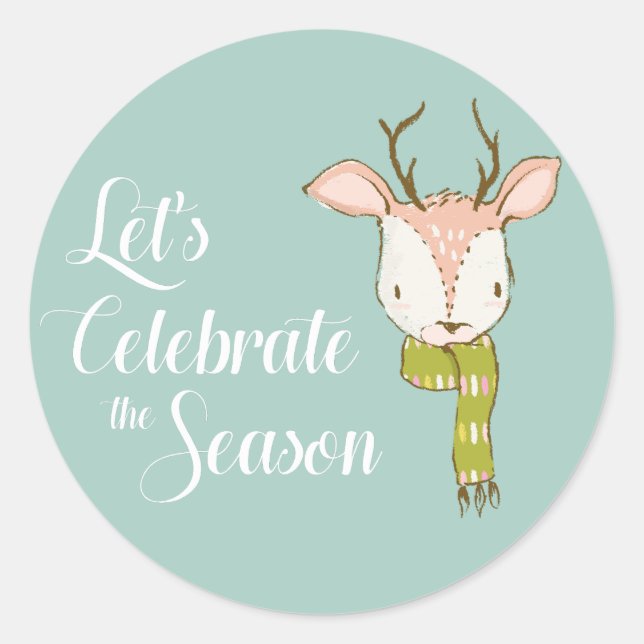 Rustic Woodland Deer Celebrate the Holiday Season Classic Round Sticker (Front)