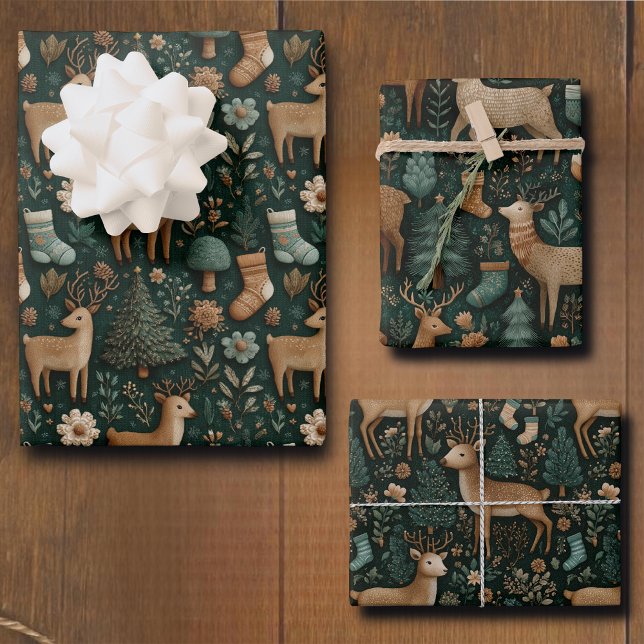 Rustic Woodland Deer & Christmas Pine Tree  Wrapping Paper Sheet (Creator Uploaded)