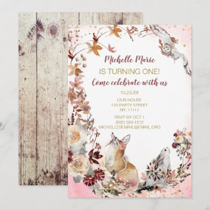 Rustic Woodland Deer Floral First Birthday Invitation