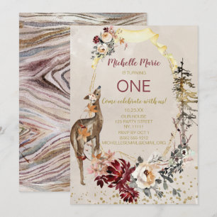Rustic Woodland Deer Floral First Birthday Invitation