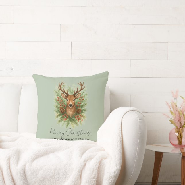 Rustic Woodland Deer Head with Winter Foliage -  Cushion (Couch)