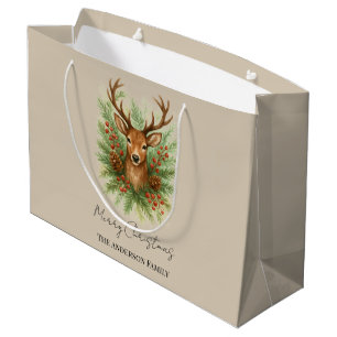 Rustic Woodland Deer Head with Winter Foliage - Large Gift Bag
