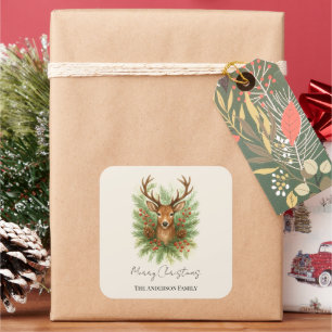 Rustic Woodland Deer Head with Winter Foliage -  Square Sticker
