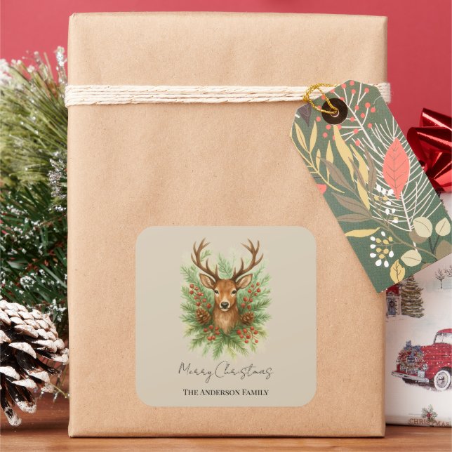 Rustic Woodland Deer Head with Winter Foliage -  Square Sticker (Holiday)