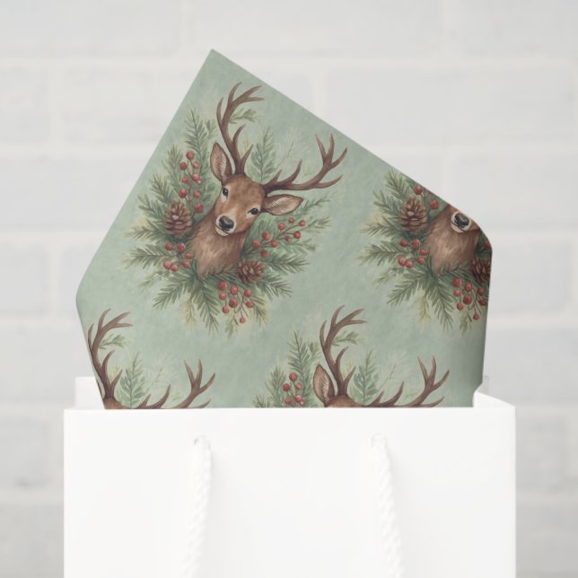 Rustic Woodland Deer Head with Winter Foliage -  Tissue Paper (Gift Bag)