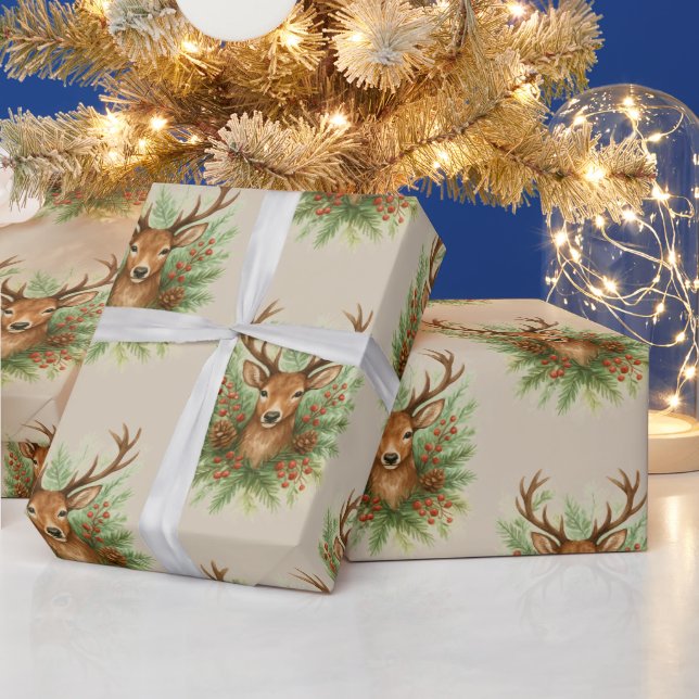 Rustic Woodland Deer Head with Winter Foliage -  Wrapping Paper (Holidays)