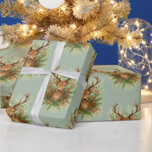 Rustic Woodland Deer Head with Winter Foliage - Wrapping Paper