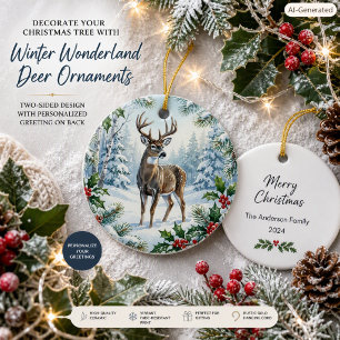 Rustic Woodland Deer White Christmas Nature Ceramic Tree Decoration
