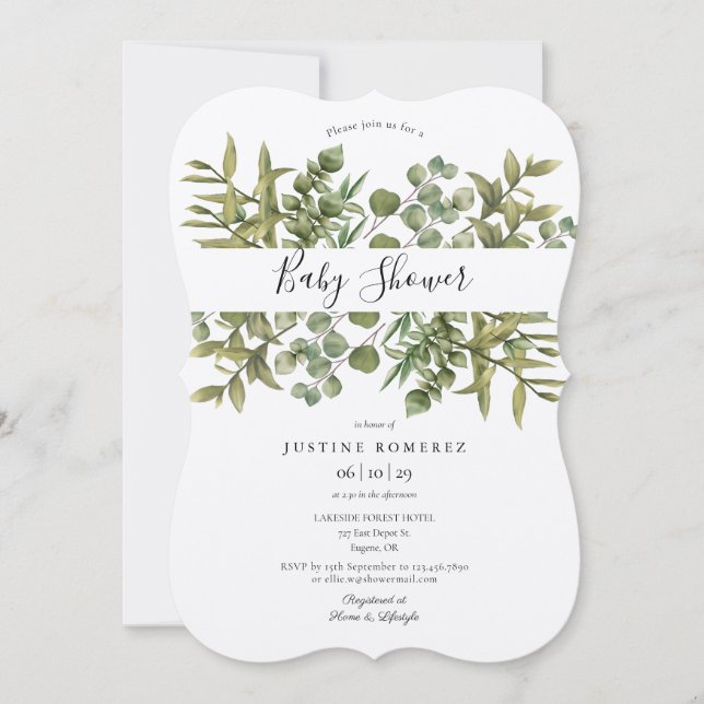 Rustic Woodland Eucalyptus Greenery Baby Shower Invitation (Front)
