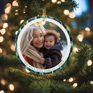 Rustic Woodland Family Christmas Photo Ceramic Tree Decoration