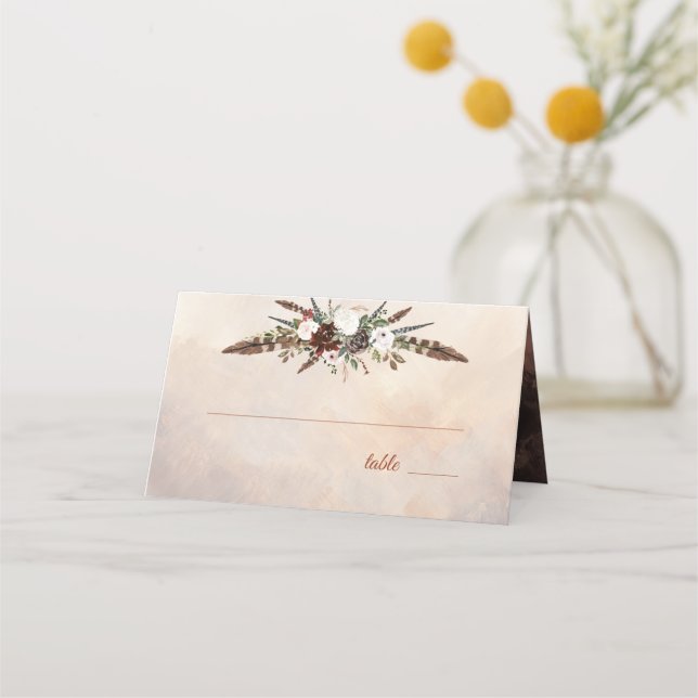 Rustic Woodland Feathers and Floral Bloom Place Card (Front)