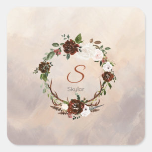 Rustic Woodland Feathers and Floral Bloom Square Sticker