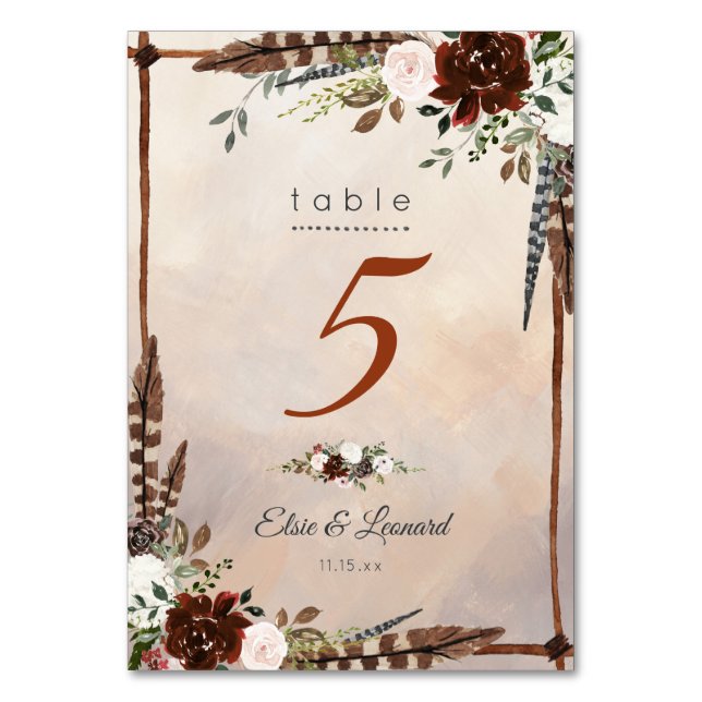 Rustic Woodland Feathers and Floral Bloom Table Number (Front)