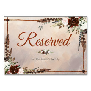 Rustic Woodland Feathers and Floral Bloom Table Number