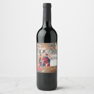 Rustic Woodland floral Christmas Photo Wine Label