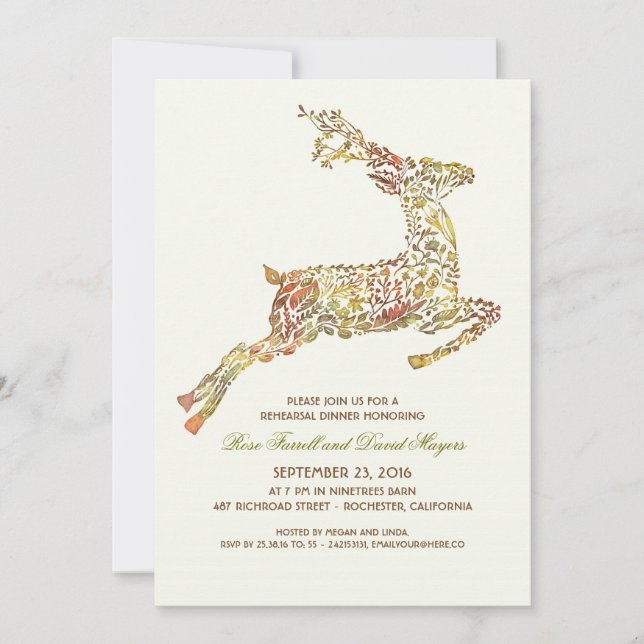 Rustic Woodland Floral Deer Fall Rehearsal Dinner Invitation (Front)