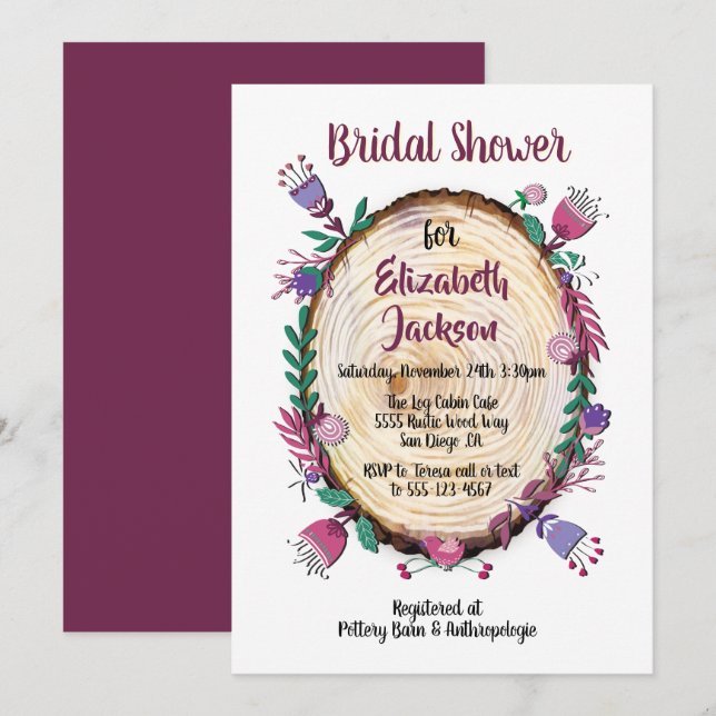Rustic Woodland Folk Art Flowers Bridal Shower Invitation (Front/Back)