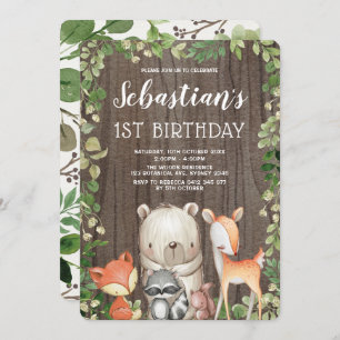 Rustic Woodland Forest Animals 1st Birthday Invitation