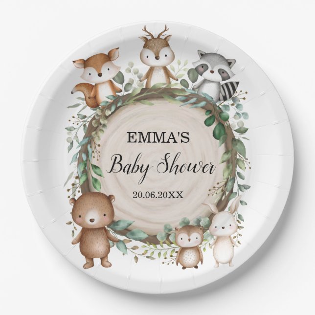Rustic Woodland Forest Animals Baby Shower Paper Plate (Front)