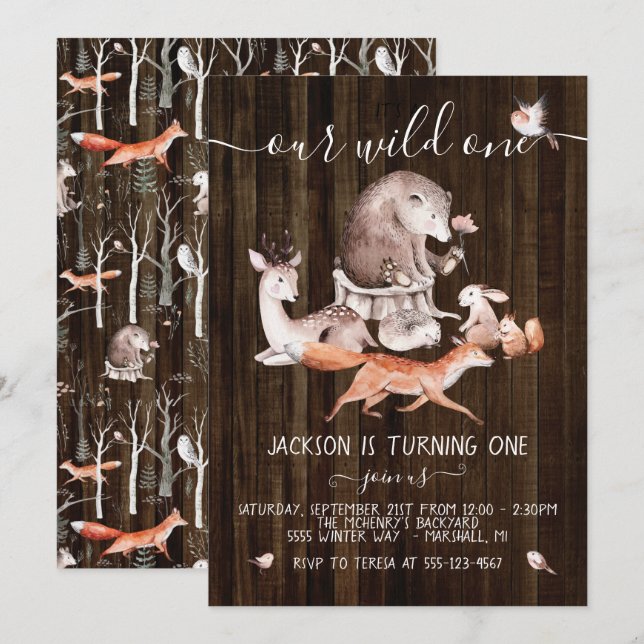 Rustic Woodland Forest Animals Wild One Birthday Invitation (Front/Back)