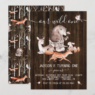 Rustic Woodland Forest Animals Wild One Birthday Invitation