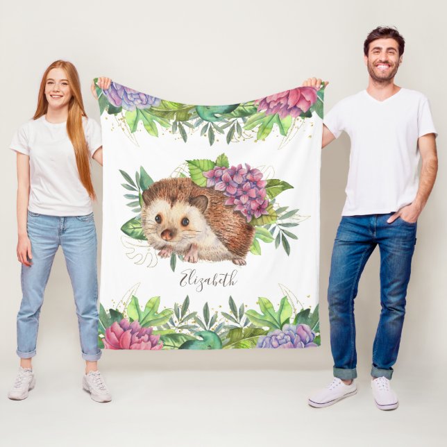 Rustic Woodland Forest Cute Floral Hedgehog Fleece Blanket (In Situ)