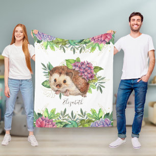 Rustic Woodland Forest Cute Floral Hedgehog Fleece Blanket