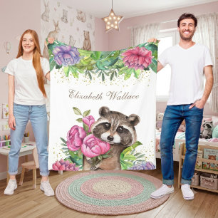 Rustic Woodland Forest Cute Floral Racoon Fleece Blanket
