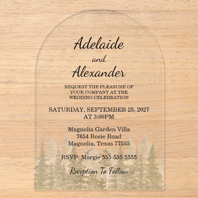 Rustic Woodland Forest Green Wedding Acrylic Invitations (Front)