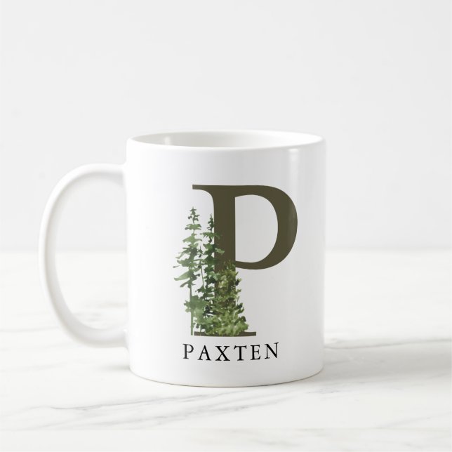 Rustic Woodland Forest  Letter P | Monogram Name Coffee Mug (Left)